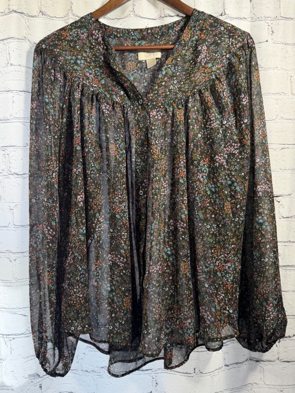 LOFT Black Floral Button-Front Sheer Blouse
